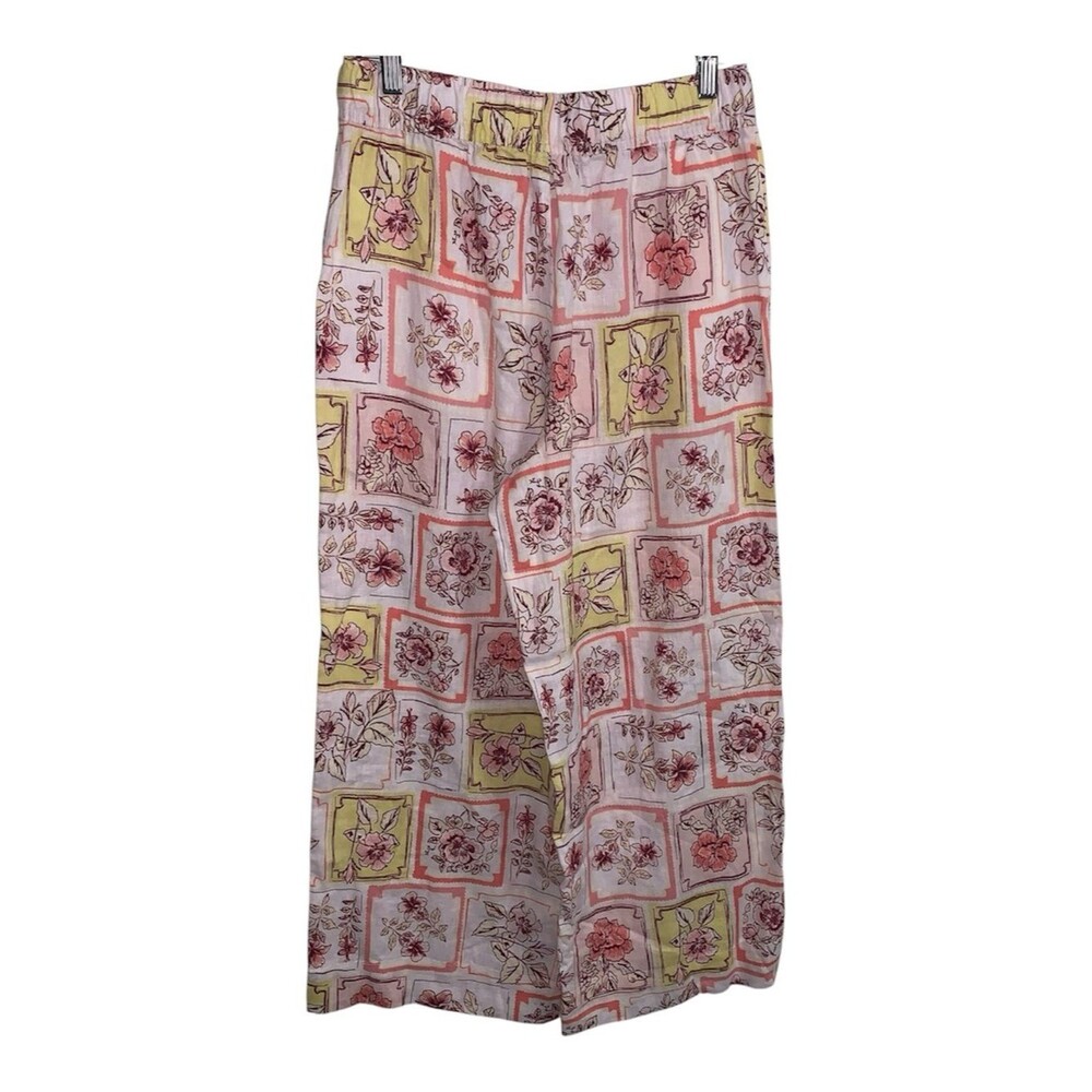 100% Linen Joie Pink Floral Patchwork Wide-Leg Pants Size Small Coastal Boho